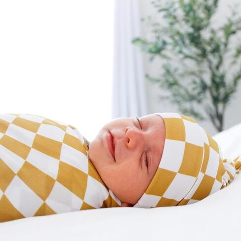 Little Jump newborn swaddle set with Matching Hat and Bow Set, Wooden Birth Announcement Card, Soft Stretchy swaddle blankets announcement outfit for baby girl or boy.(Coffee Checker) in Saudi Arabia