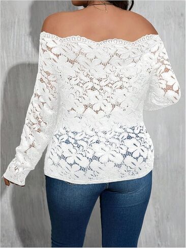 MakeMeChic Women's Plus Size Off The Shoulder Long Sleeve Top Floral Lace Sheer Slim Fitted T Shirt in Saudi Arabia