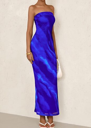PRETTYGARDEN Womens Summer Printed Tube Maxi Dress Strapless Bodycon Sleeveless Night Out Long Dresses in Kuwait