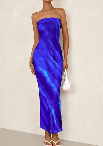 PRETTYGARDEN Womens Summer Printed Tube Maxi Dress Strapless Bodycon Sleeveless Night Out Long Dresses in Kuwait