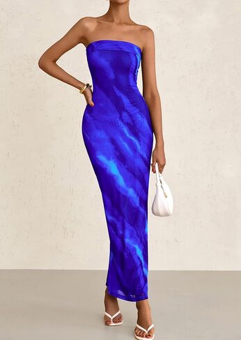 PRETTYGARDEN Womens Summer Printed Tube Maxi Dress Strapless Bodycon Sleeveless Night Out Long Dresses in Kuwait