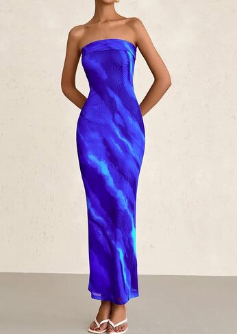 PRETTYGARDEN Womens Summer Printed Tube Maxi Dress Strapless Bodycon Sleeveless Night Out Long Dresses in Kuwait