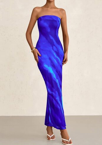 PRETTYGARDEN Womens Summer Printed Tube Maxi Dress Strapless Bodycon Sleeveless Night Out Long Dresses in Kuwait