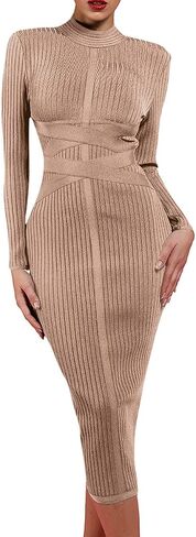 UONBOX Women's Long Sleeves Cross Strap Ribbed Club Party Midi Bodycon Bandage Dress in Saudi Arabia