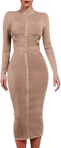 UONBOX Women's Long Sleeves Cross Strap Ribbed Club Party Midi Bodycon Bandage Dress in Saudi Arabia