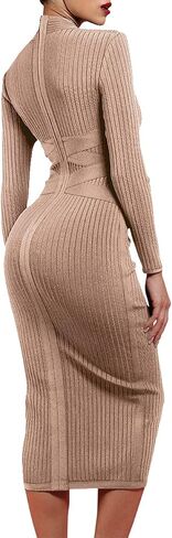 UONBOX Women's Long Sleeves Cross Strap Ribbed Club Party Midi Bodycon Bandage Dress in Saudi Arabia