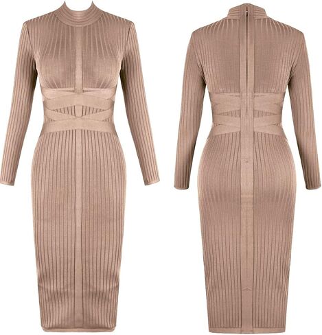 UONBOX Women's Long Sleeves Cross Strap Ribbed Club Party Midi Bodycon Bandage Dress in Saudi Arabia
