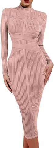 UONBOX Women's Long Sleeves Cross Strap Ribbed Club Party Midi Bodycon Bandage Dress in Saudi Arabia