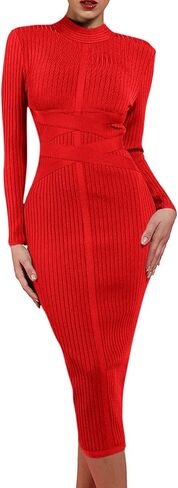 UONBOX Women's Long Sleeves Cross Strap Ribbed Club Party Midi Bodycon Bandage Dress in Saudi Arabia