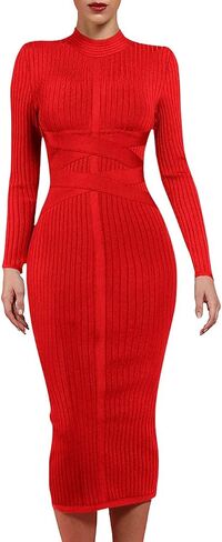 UONBOX Women's Long Sleeves Cross Strap Ribbed Club Party Midi Bodycon Bandage Dress in Saudi Arabia