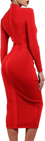UONBOX Women's Long Sleeves Cross Strap Ribbed Club Party Midi Bodycon Bandage Dress in Saudi Arabia