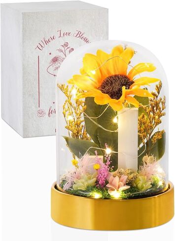 InnoBeta Monogram Initial Gifts for Women, Sunflower Gifts for Women, Sunflowers Artificial Flowers in Glass Dome 4.72 * 7.87, Gifts for Valentine Day, Mothers Day, Anniversary, Xmas - Initial E in Saudi Arabia