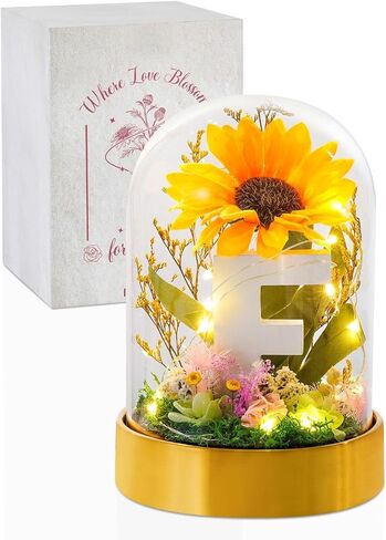 InnoBeta Monogram Initial Gifts for Women, Sunflower Gifts for Women, Sunflowers Artificial Flowers in Glass Dome 4.72 * 7.87, Gifts for Valentine Day, Mothers Day, Anniversary, Xmas - Initial E in Saudi Arabia