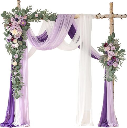 Deluxe Purple Artificial Wedding Arch Flowers with Drapes Kit-Pack of 5, 2pcs Flower Arrangements 3pcs Hanging Sheer Drapes Blue Ceremony Arbor Reception Backdrop Rose Floral Decorations. in Kuwait