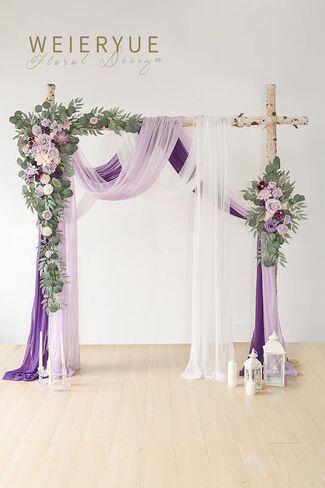 Deluxe Purple Artificial Wedding Arch Flowers with Drapes Kit-Pack of 5, 2pcs Flower Arrangements 3pcs Hanging Sheer Drapes Blue Ceremony Arbor Reception Backdrop Rose Floral Decorations. in Kuwait