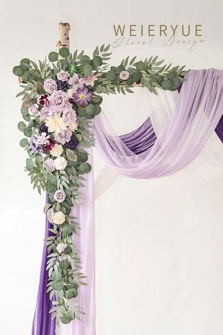 Deluxe Purple Artificial Wedding Arch Flowers with Drapes Kit-Pack of 5, 2pcs Flower Arrangements 3pcs Hanging Sheer Drapes Blue Ceremony Arbor Reception Backdrop Rose Floral Decorations. in Kuwait