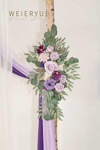 Deluxe Purple Artificial Wedding Arch Flowers with Drapes Kit-Pack of 5, 2pcs Flower Arrangements 3pcs Hanging Sheer Drapes Blue Ceremony Arbor Reception Backdrop Rose Floral Decorations. in Kuwait