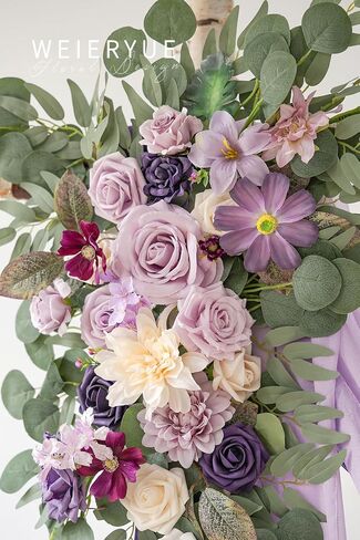 Deluxe Purple Artificial Wedding Arch Flowers with Drapes Kit-Pack of 5, 2pcs Flower Arrangements 3pcs Hanging Sheer Drapes Blue Ceremony Arbor Reception Backdrop Rose Floral Decorations. in Kuwait
