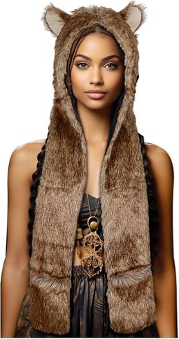 Junova Women Viking Fur Hat Animal Hood Furry Hat Scarf with Ears Paws Wolf Accessories Wolf Faux Fur Halloween Costume in Saudi Arabia