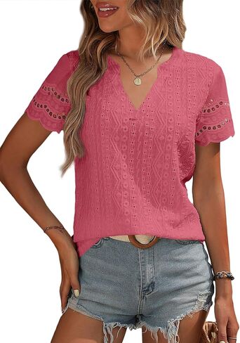 بلوزات نسائية بأكمام قصيرة من EVALESS، بلوزات دانتيل احترافية للأعمال غير رسمية برقبة على شكل حرف V، قمصان للنساء، وردي ساخن كبير in Kuwait