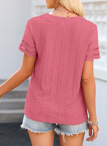 بلوزات نسائية بأكمام قصيرة من EVALESS، بلوزات دانتيل احترافية للأعمال غير رسمية برقبة على شكل حرف V، قمصان للنساء، وردي ساخن كبير in Kuwait