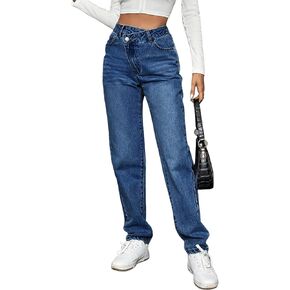 SweatyRocks Women's High Waisted Straight Leg Long Jeans Asymmetrical Waist Denim Pants Dark Wash XS