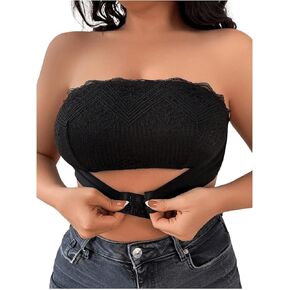 OYOANGLE Women's Plus Size Strapless Lace Bandeau Bra Front Closure Non Padded Wireless Bralettes