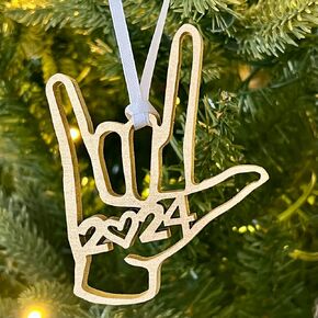 ASL I Love You Christmas Ornament 2024 - Love Gift for Son Daughter Family Member - Golden Sign Language Hand - with Satin Ribbon and Gift Box