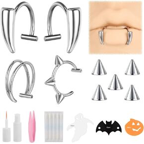 ZS Stainless Steel Vampire Teeth Ring, Non-Piercing Lip Cuff Jewelry, Halloween C-Shape Fake Lip Ring, Adjustable Monroe Jewelry Clip On Ear Helix Cartilage Earring for Women Men