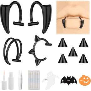 ZS Stainless Steel Vampire Teeth Ring, Non-Piercing Lip Cuff Jewelry, Halloween C-Shape Fake Lip Ring, Adjustable Monroe Jewelry Clip On Ear Helix Cartilage Earring for Women Men in Kuwait