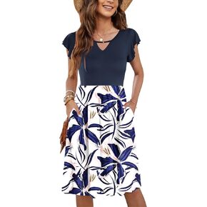 WNEEDU Summer Dresses for Women 2024 Ruffle Sleeve Casual Sundress Swing Elastic Waist Dress with Pockets