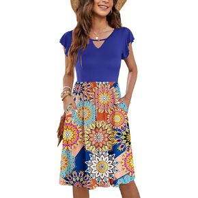 WNEEDU Summer Dresses for Women 2024 Ruffle Sleeve Casual Sundress Swing Elastic Waist Dress with Pockets