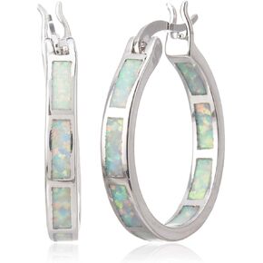 Life Stage White/Blue Created-Opal 925 Sterlg Silver Round Hoop Dangle Earrings Women's Fashion Jewelry White one Size