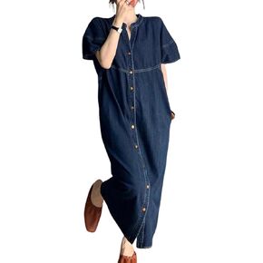 Women's Summer Casual Denim Dress Button V Neck Short Sleeve Loose Fit Midi Jean Dresses