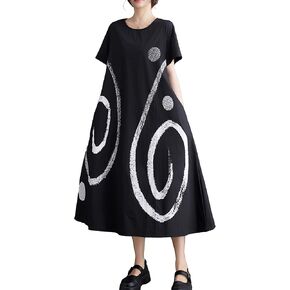 ellazhu Women's Short Sleeves Maxi Length Pattern Print Casual Shirt Dress GZ172