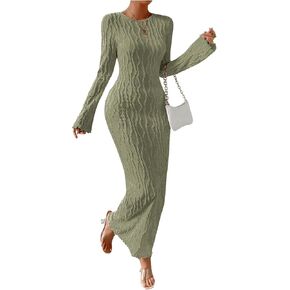 GORGLITTER Women's Long Sleeve Backless Dress Bodycon Textured Maxi Long Dresses