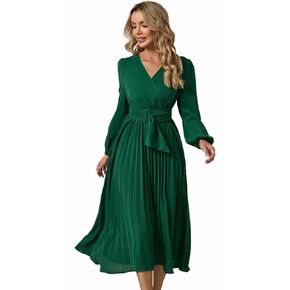 Womens Wrap V Neck Maxi Dress Long Sleeve A Line Pleated Flowy Dress Wedding Guest Dress
