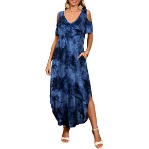 JollieLovin Womens Plus Size Casual Summer Maxi Long Dress Cold Shoulder V Neck T-Shirt Loose Sun Dress