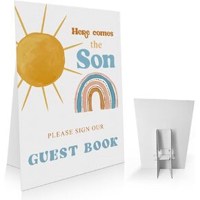Here Comes the Son Baby Shower Sign 8 x 11 Inch, Cards and Gifts Sign, Sunshine Baby Shower Sign with Stand, Boy Baby Shower Decorations-BBLP08