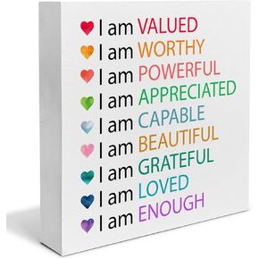 Positive Affirmations Wall Decor Inspirational Gift for Girls I am Valued Quote Decorations Home Office Wood Sign for Desk Table Shelf 5 x 5 Inches