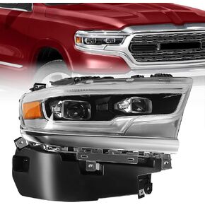 FIONE for Dodge Ram 1500 LED Headlight Assembly 2019 2020 2021 2022 Black Cover With Condenser Lens OE Style Headlamp Assemblies for 5th ASV AFS Right Passenger Side 68316084AD CH2503321 RT