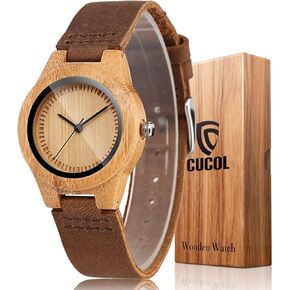 Womens Wooden Bamboo Watches Brown Genuine Cowhide Leather Strap Wristwatch with Gift Box