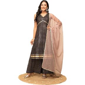 Women's Black Lurex Cotton Straight Kurta With Palazzo And Dupatta