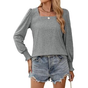 Sherosa Womens Puff Long Sleeve Square Neck Tops Ruffle Cuffs Dressy Casual Loose Fit Shirts Fall Fashion Blouses