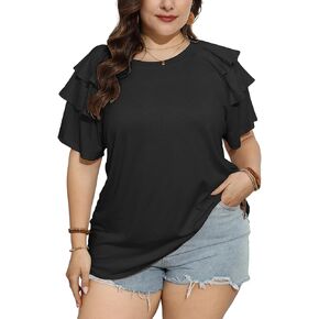 TAKEYAL Womens Plus Size Tops Ruffle Short Sleeve Crew Neck Solid T Shirts Casual Blouses Tunic Top 1XL-5XL