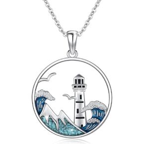 Lighthouse Necklace 925 Sterling Silver Round Lighthouse Pendant with Turquoise Necklace Lighthouse Jewelry Gift for Women Navigators