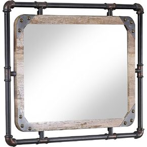 24/7 Shop at Home Marico Industrial Wall Mirrors Decorative with Pipe Metal Frame and Nailhead Trim, Vintage Mirror for Bathroom Decor, Living Room, Bedroom, Hangs Horizontally or Vertically, Natural