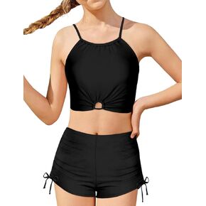 Girls Swimsuit 2 Pcs Solid Color Cutout Tankini with Shorts Drawstring Bathing Suit for Girls Swimwear 7-14Y