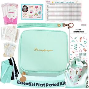 Essential Period Kit for Girls | First Period kit for Girls 10-12 | Period Bags for Teen Girls for School | First Period Gift with Sanitary Pad Storage Bag, Wipes, Period Tracker and More(Mint)