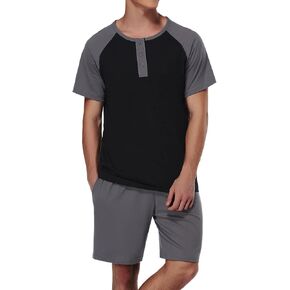 Men Short Sleeves Lounge Set 2 Pieces Sleepwear Cotton Pajamas Shorts Set